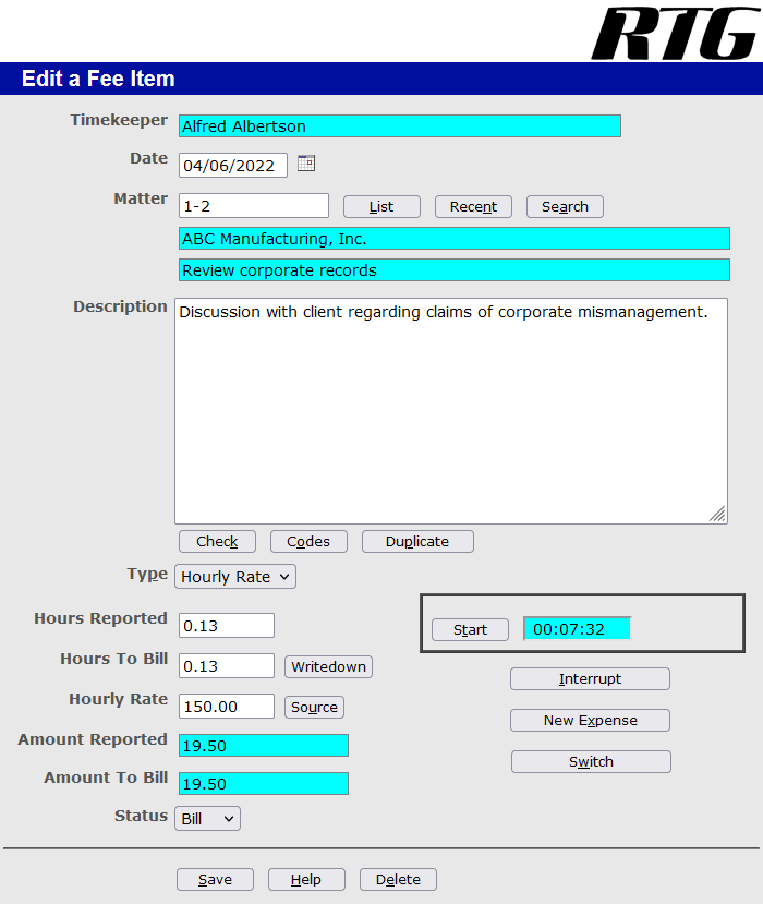 screenshot of RTG Bills